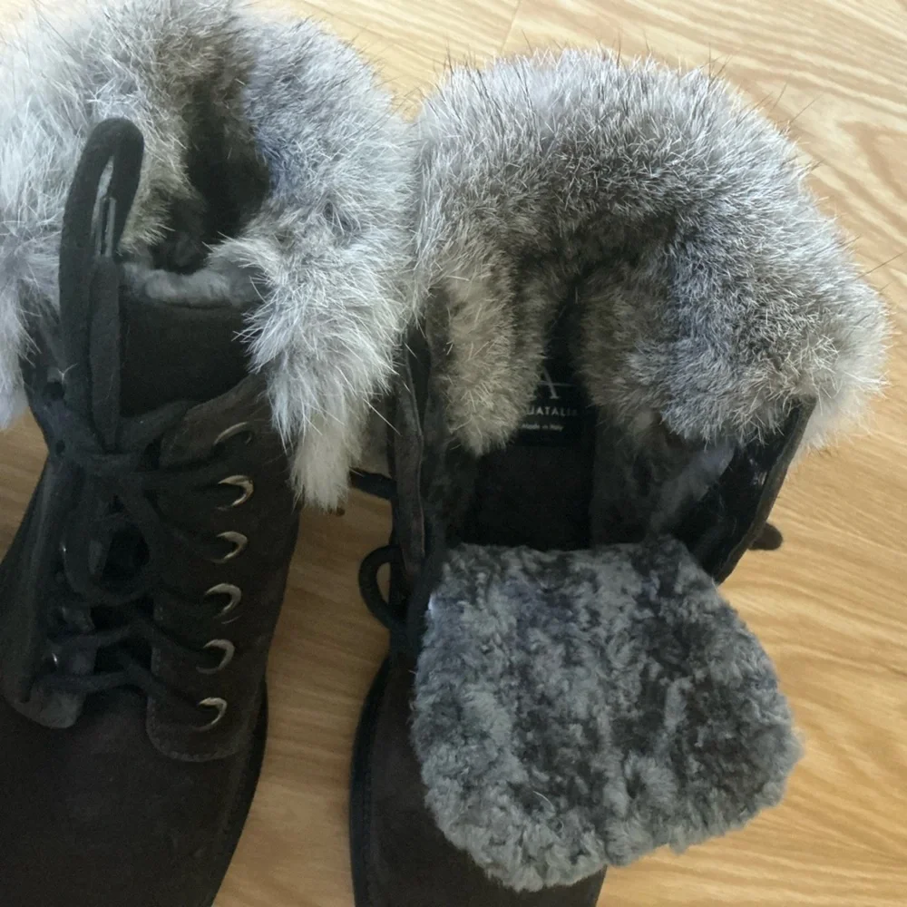 Aquatalia Lacy Suede Lace Up Combat Ankle Boots Dark Brown Rabbit Fur Trim 8.5